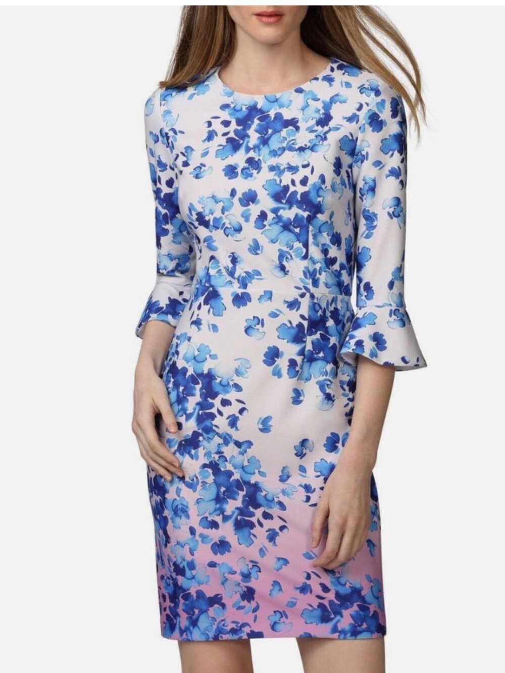 Donna Morgan Blue Ombre Floral Sheath Dress Bell Sleeve Wedding Guest Size 10